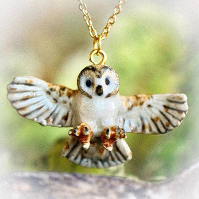 Necklace; Barn Owl By Camp Hollow (Hand-Painted Porcelain, 24K Gold Steel Chain)