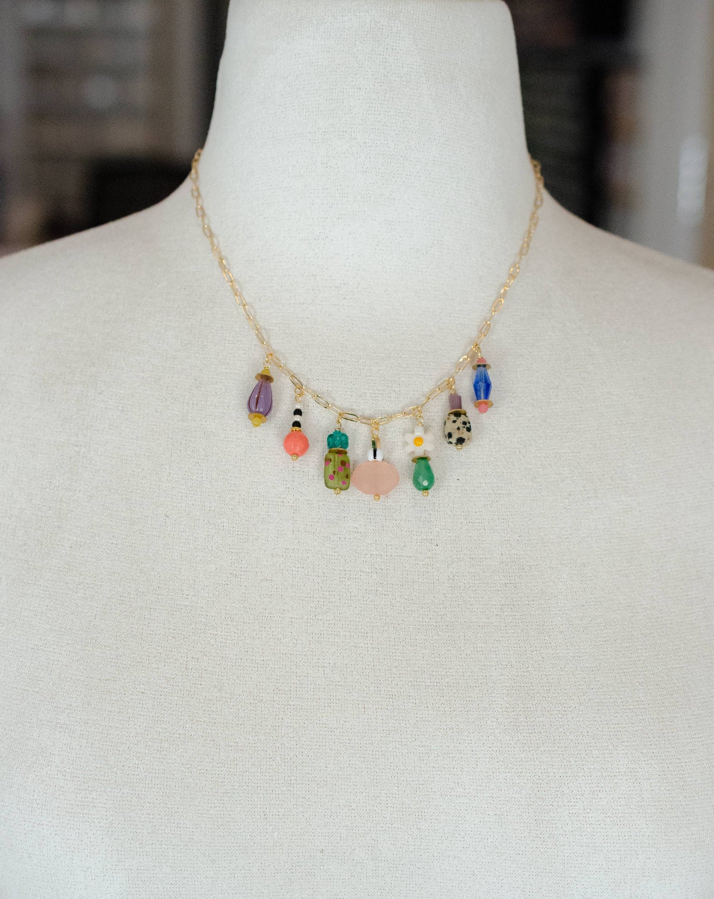 Necklace; Vivi Charm (Colorful Beads, Gold Plated Link Chain) By Jill Makes