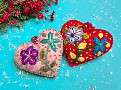 Embroidered Ornament; Colorful Hearts (Handmade)