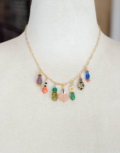 Necklace; Vivi Charm (Colorful Beads, Gold Plated Link Chain) By Jill Makes