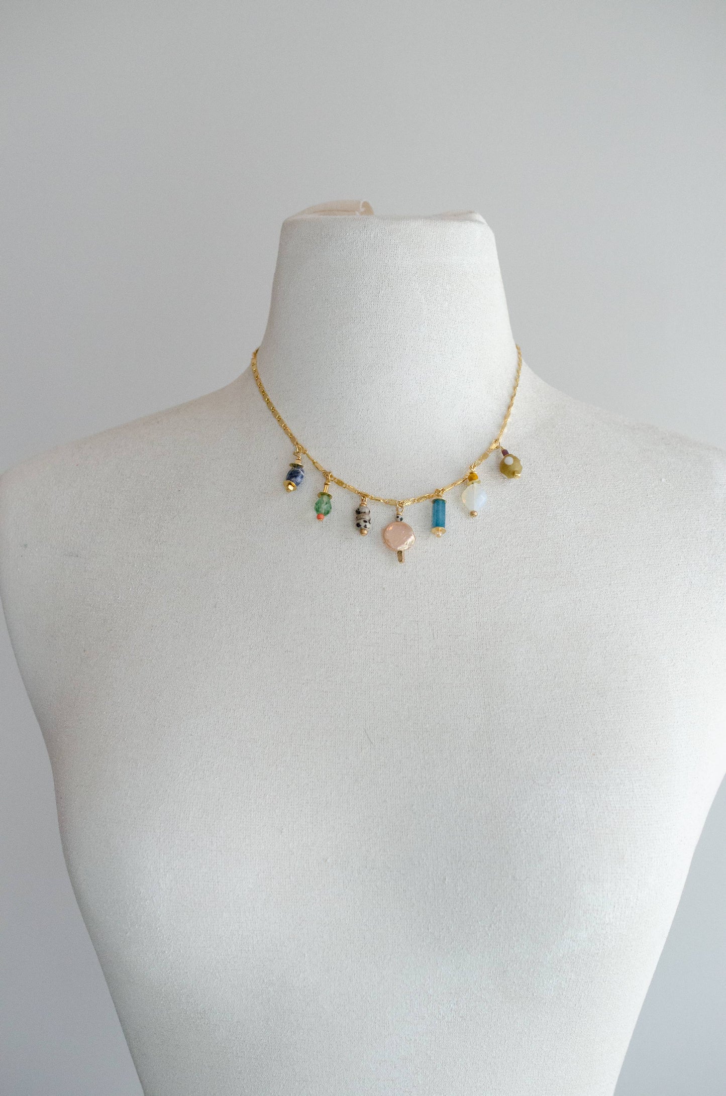 Necklace; Calypso Charm (Bright Beaded Charms, Gold Plated Flat Chain) By Jill Makes