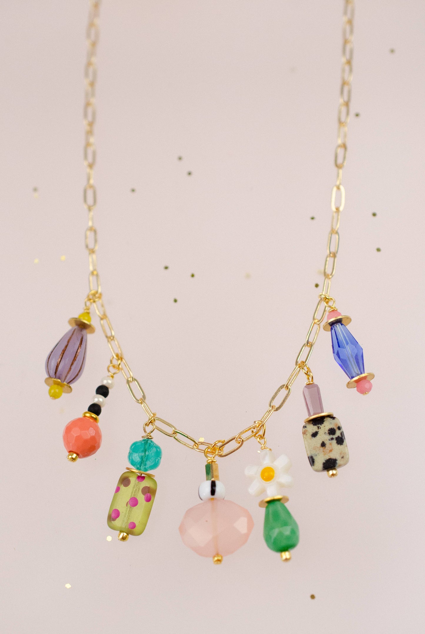 Necklace; Vivi Charm (Colorful Beads, Gold Plated Link Chain) By Jill Makes