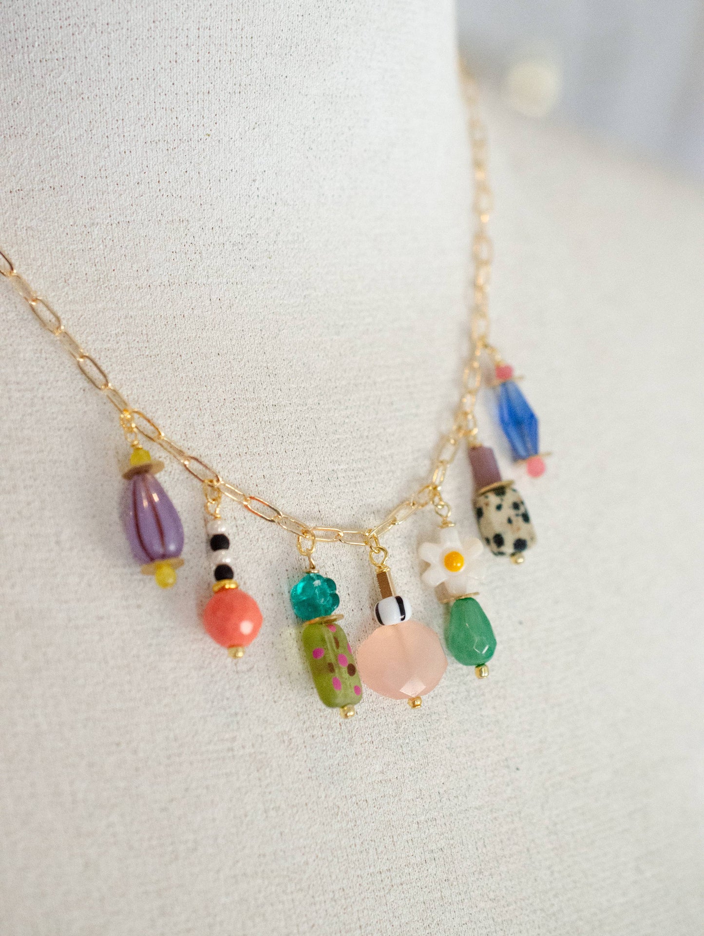 Necklace; Vivi Charm (Colorful Beads, Gold Plated Link Chain) By Jill Makes