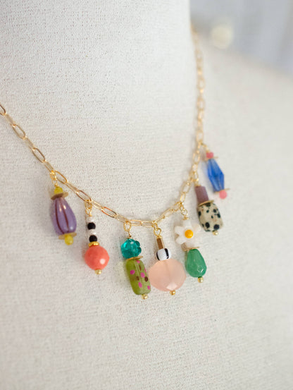 Necklace; Vivi Charm (Colorful Beads, Gold Plated Link Chain) By Jill Makes