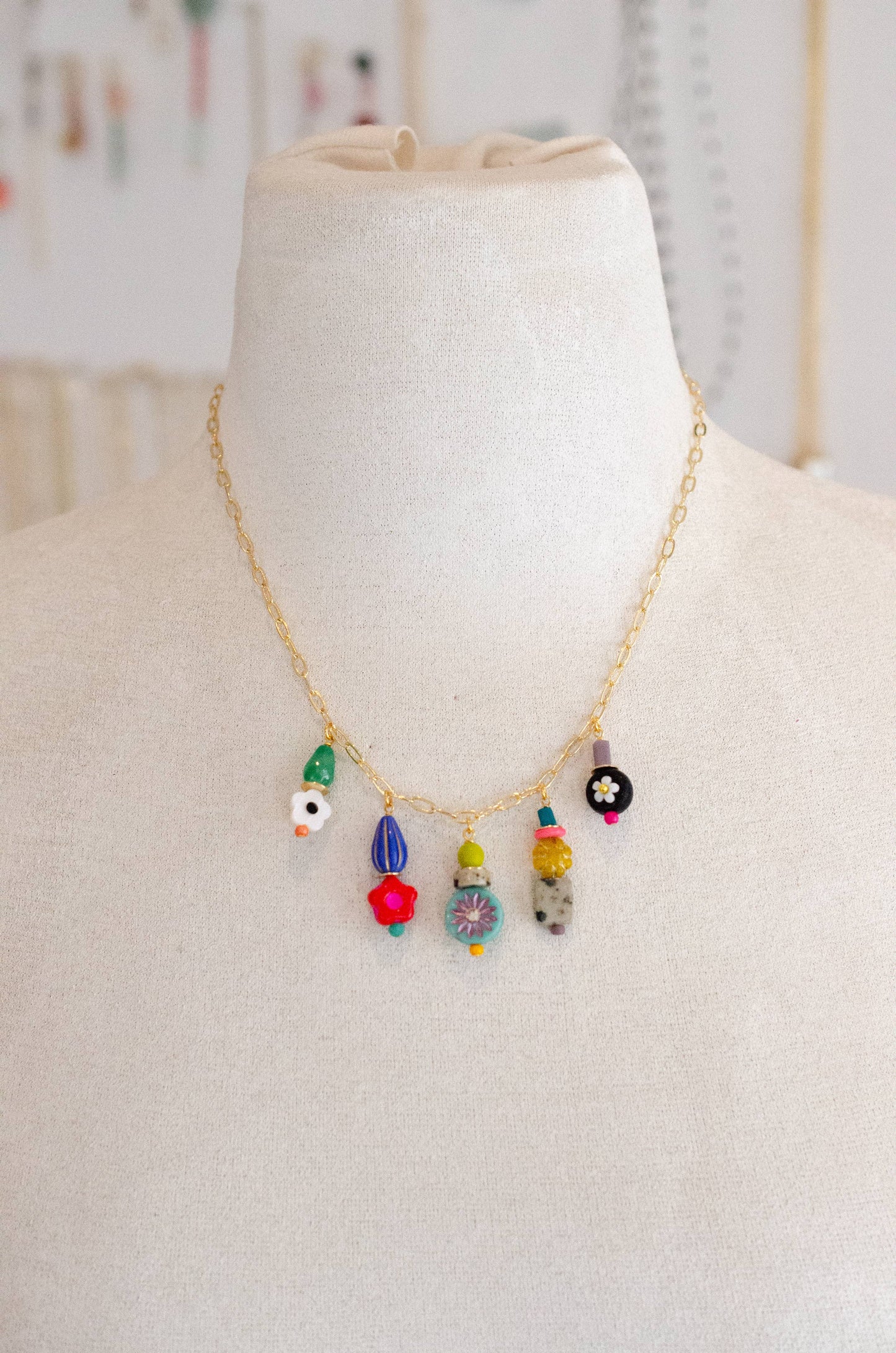 Necklace; Piper Charm (Bright Multi-Color Beads, Gold Plated Link Chain) By Jill Makes