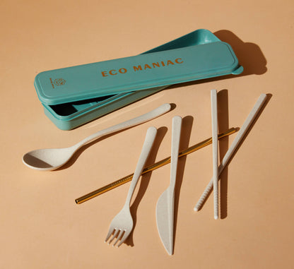 Portable Flatware Set With Gold Straw; Eco Maniac (Forest Green)