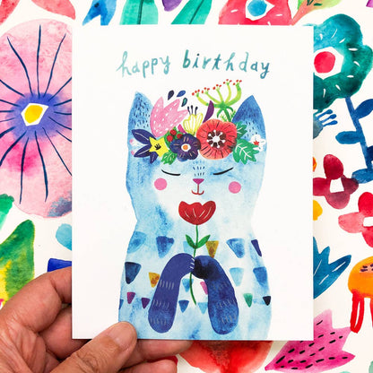 Birthday Card; Blue Flower Kitty