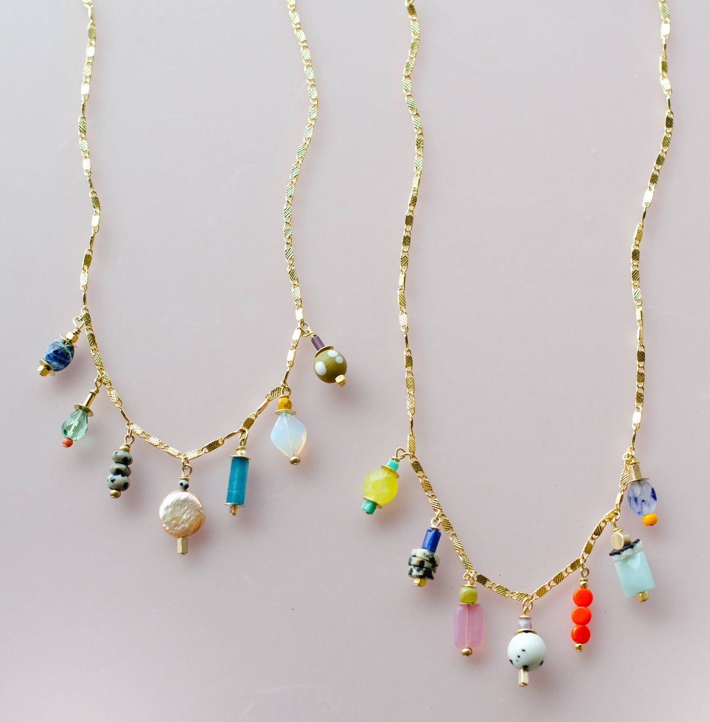 Necklace; Calypso Charm (Bright Beaded Charms, Gold Plated Flat Chain) By Jill Makes