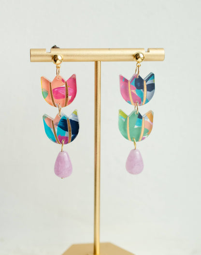 Earrings; Colorful Tulip (Hand-Painted) By Jill Makes