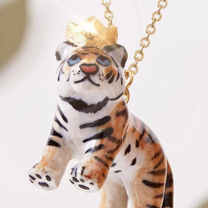 Necklace; Tiger King By Camp Hollow (Hand-Painted Porcelain, 24K Gold Steel Chain)