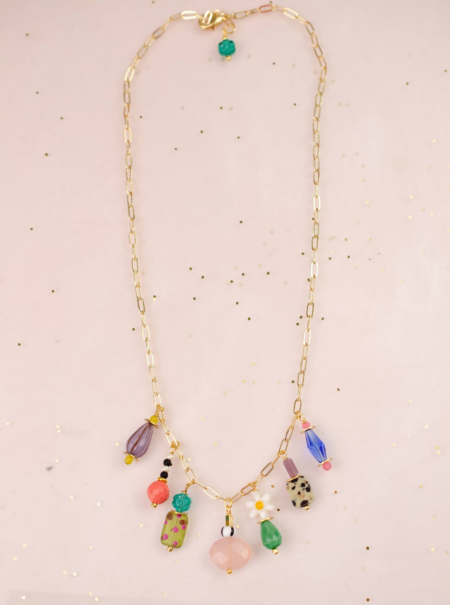 Necklace; Vivi Charm (Colorful Beads, Gold Plated Link Chain) By Jill Makes