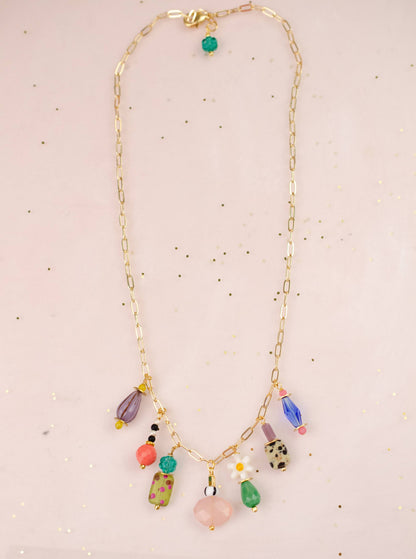 Necklace; Vivi Charm (Colorful Beads, Gold Plated Link Chain) By Jill Makes