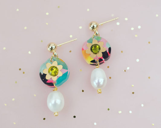 Earrings; Pearl Drop Rhinestone (Hand-painted, Gold) By Jill Makes