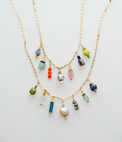 Necklace; Calypso Charm (Bright Beaded Charms, Gold Plated Flat Chain) By Jill Makes