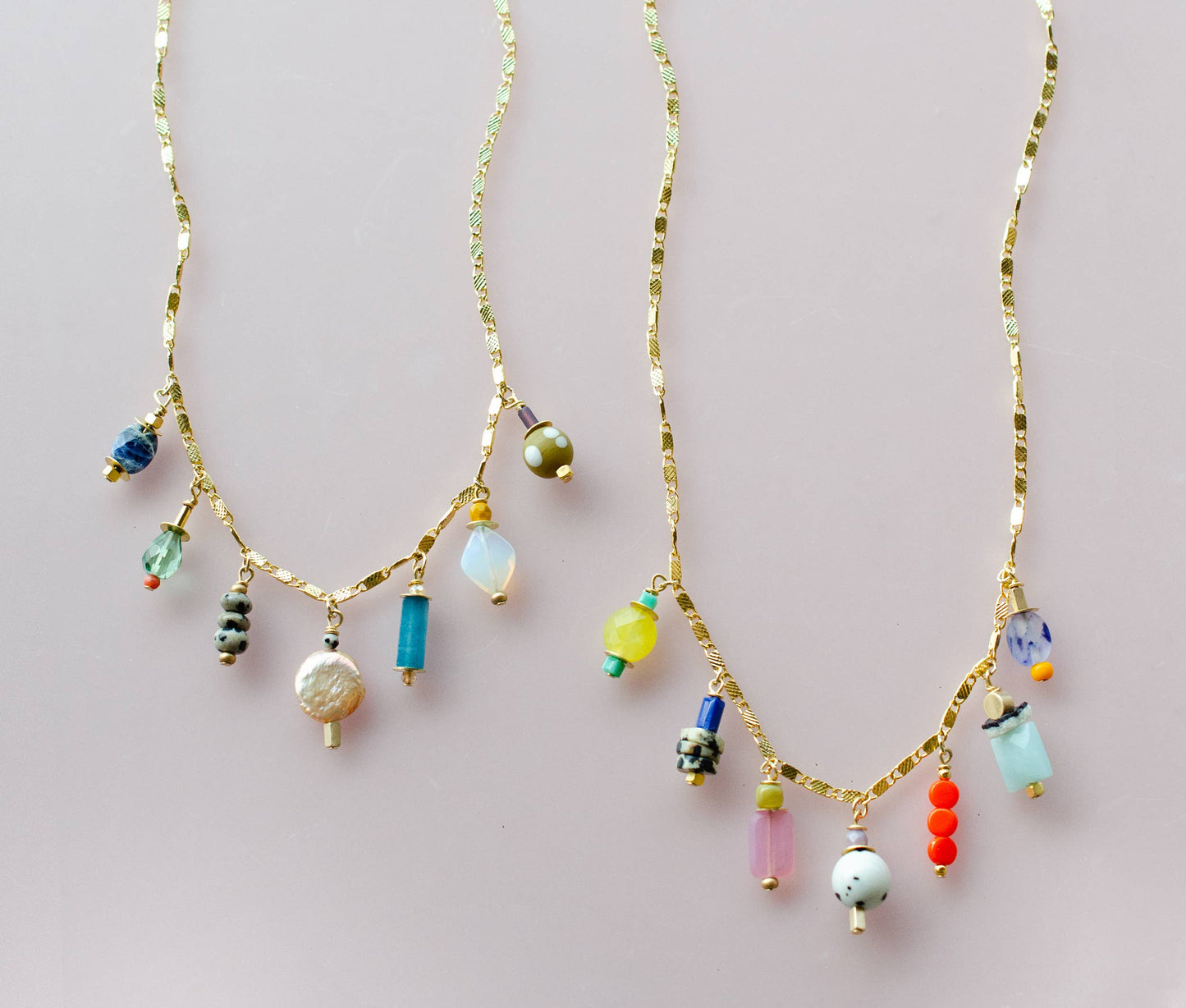 Necklace; Calypso Charm (Bright Beaded Charms, Gold Plated Flat Chain) By Jill Makes