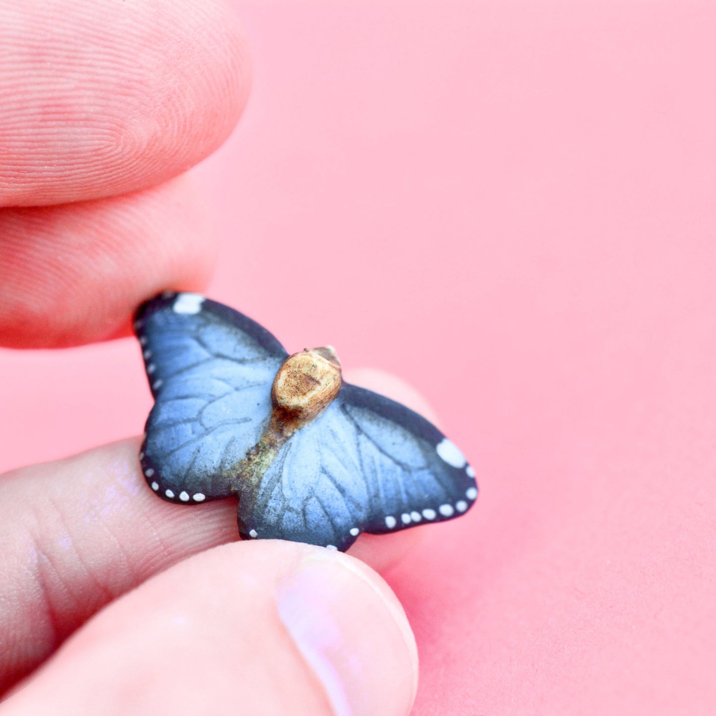 Necklace; Blue Butterfly By Camp Hollow (Hand-Painted Porcelain, 24k Gold Steel Chain)