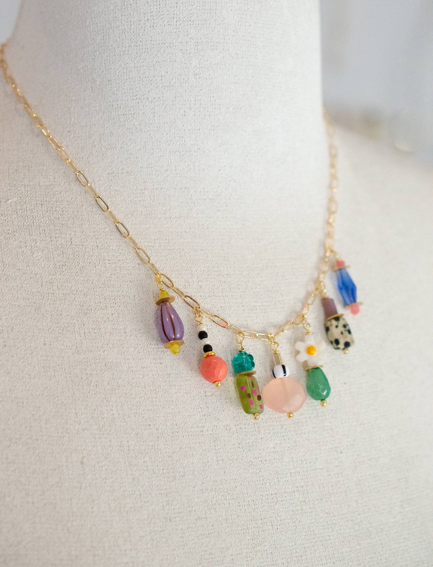 Necklace; Vivi Charm (Colorful Beads, Gold Plated Link Chain) By Jill Makes