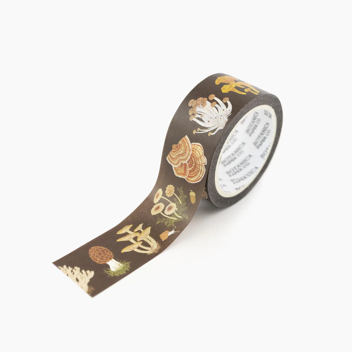 Dark brown washing tape with mushroom variety pattern; Neutral color palette 