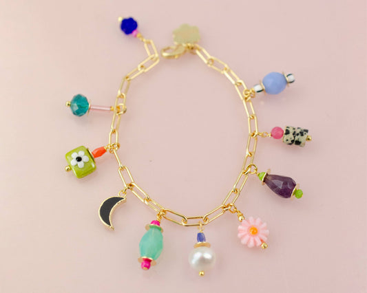 Bracelet; Vienna Pearl Charm (Colorful, Gold) By Jill Makes