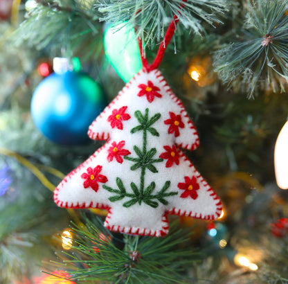 Embroidered Ornament; White Christmas Tree (Handmade)