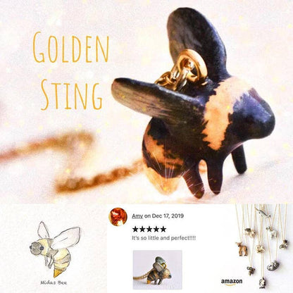 Necklace; Midas Bee By Camp Hollow (Hand-Painted Porcelain, 24K Gold Steel Chain)