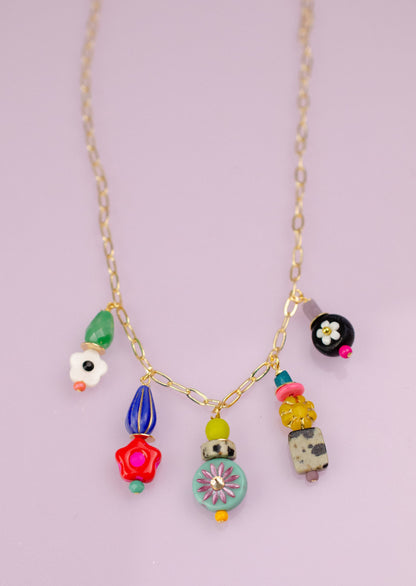 Necklace; Piper Charm (Bright Multi-Color Beads, Gold Plated Link Chain) By Jill Makes