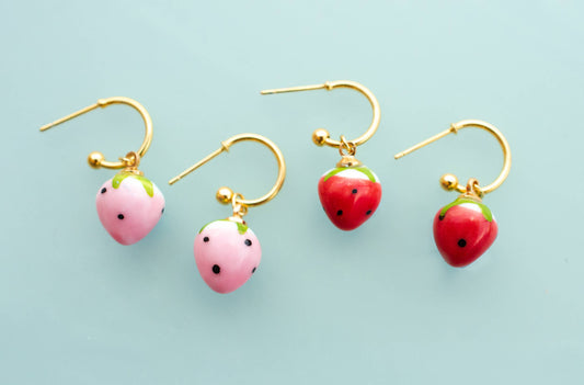 Earrings; Strawberry Hoop: Pink (Gold) By Jill Makes