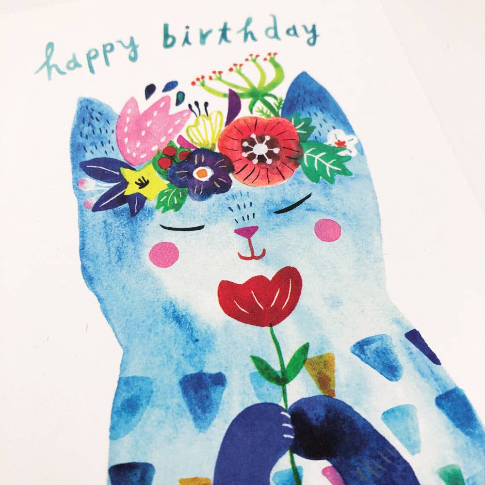 Birthday Card; Blue Flower Kitty