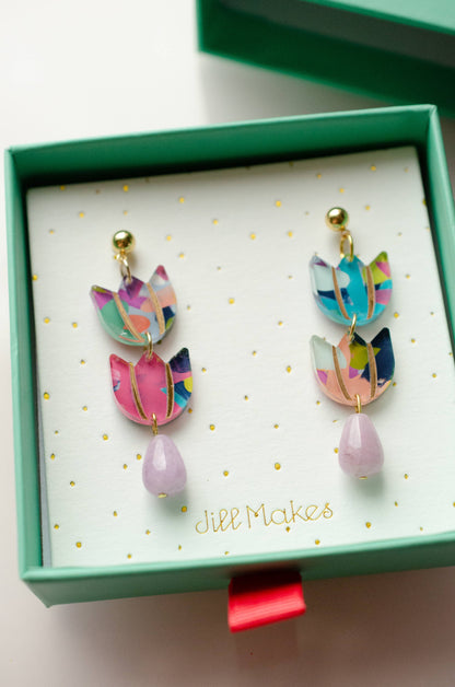 Earrings; Colorful Tulip (Hand-Painted) By Jill Makes