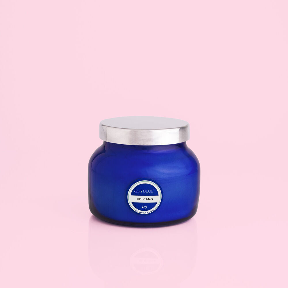 Capri Blue Candle; 8 oz, (Volcano Scent, Soy Blend) Blue Petite Jar