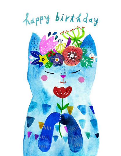 Birthday Card; Blue Flower Kitty