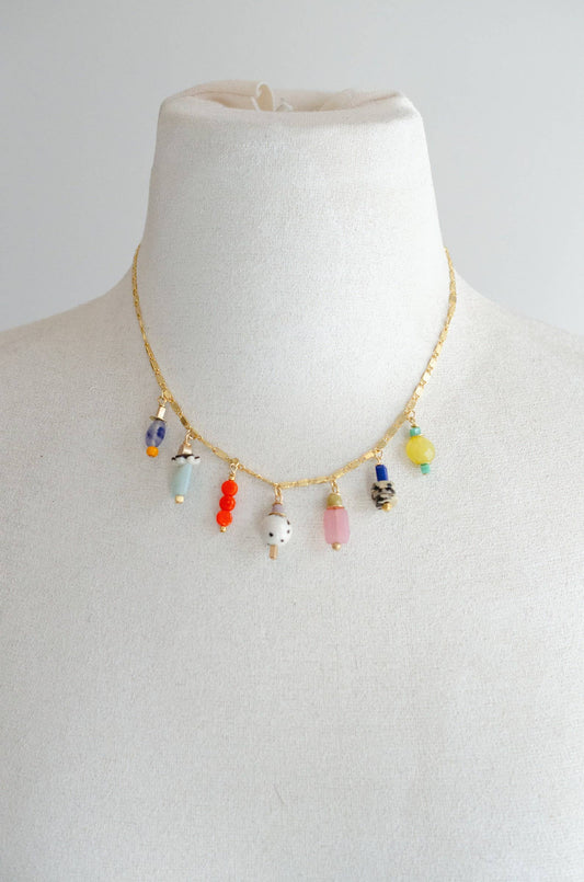 Necklace; Calypso Charm (Bright Beaded Charms, Gold Plated Flat Chain) By Jill Makes
