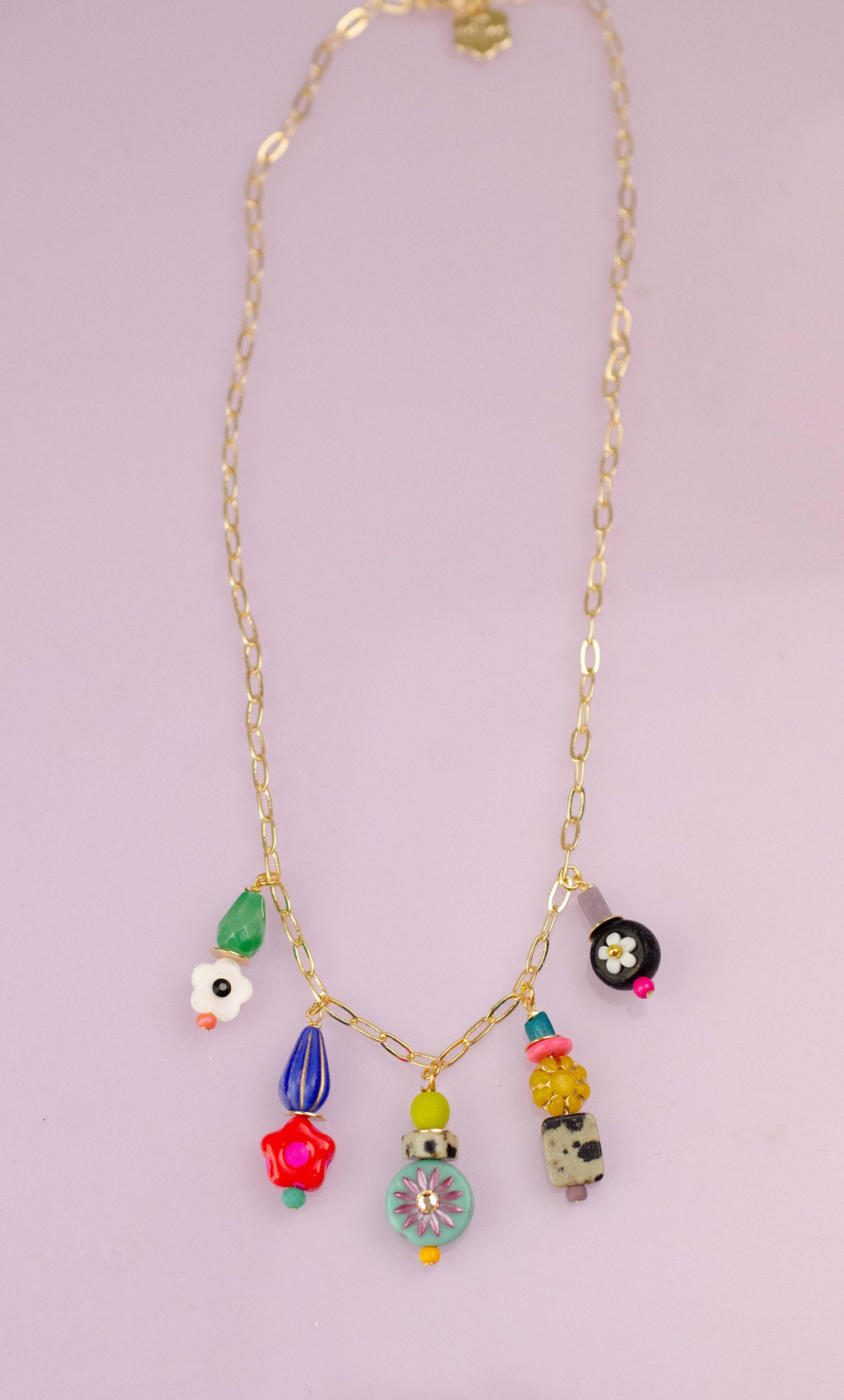 Necklace; Piper Charm (Bright Multi-Color Beads, Gold Plated Link Chain) By Jill Makes