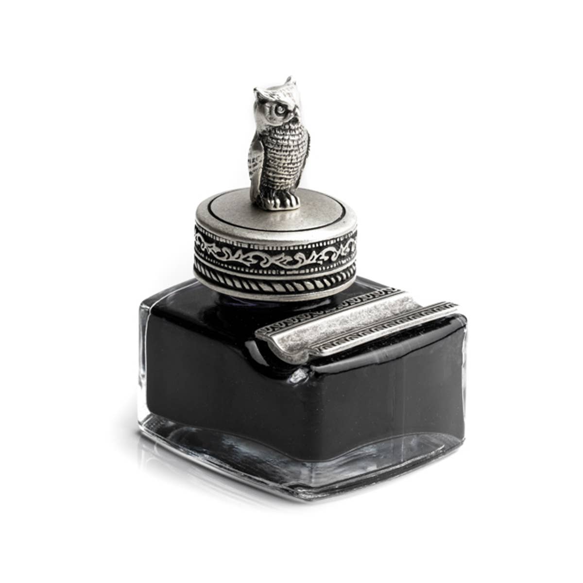 Glass Inkwell with Pewter Owl Cap & Pen Rest; Calligraphic Black Ink (100% Italian Craftsmanship)