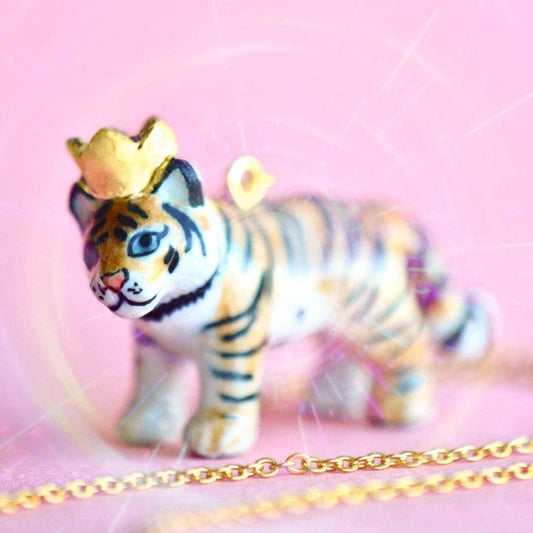 Necklace; Tiger King By Camp Hollow (Hand-Painted Porcelain, 24K Gold Steel Chain)