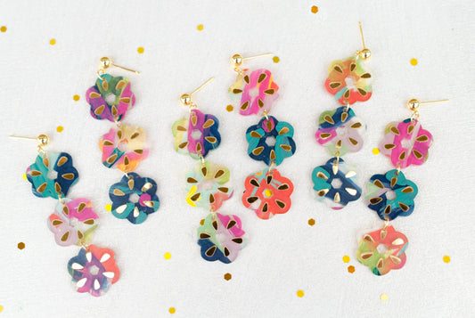 Earrings; Flower Dangle (Hand-painted, Colorful, Gold Accents) By Jill Makes