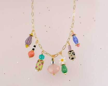 Necklace; Vivi Charm (Colorful Beads, Gold Plated Link Chain) By Jill Makes