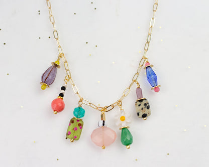 Necklace; Vivi Charm (Colorful Beads, Gold Plated Link Chain) By Jill Makes