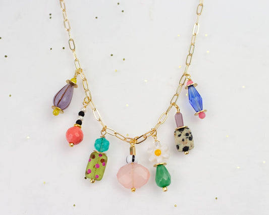 Necklace; Charm Vivi (Colorful Beads, Gold Plated Link Chain) By Jill Makes