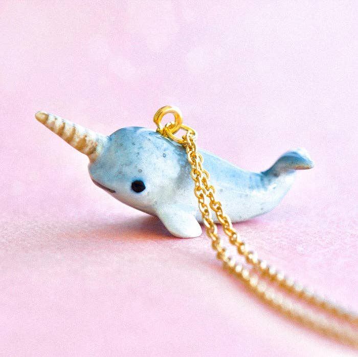 Necklace; Narwhal By Camp Hollow (24k Gold Steel Chain, Hand-Painted Porcelain)