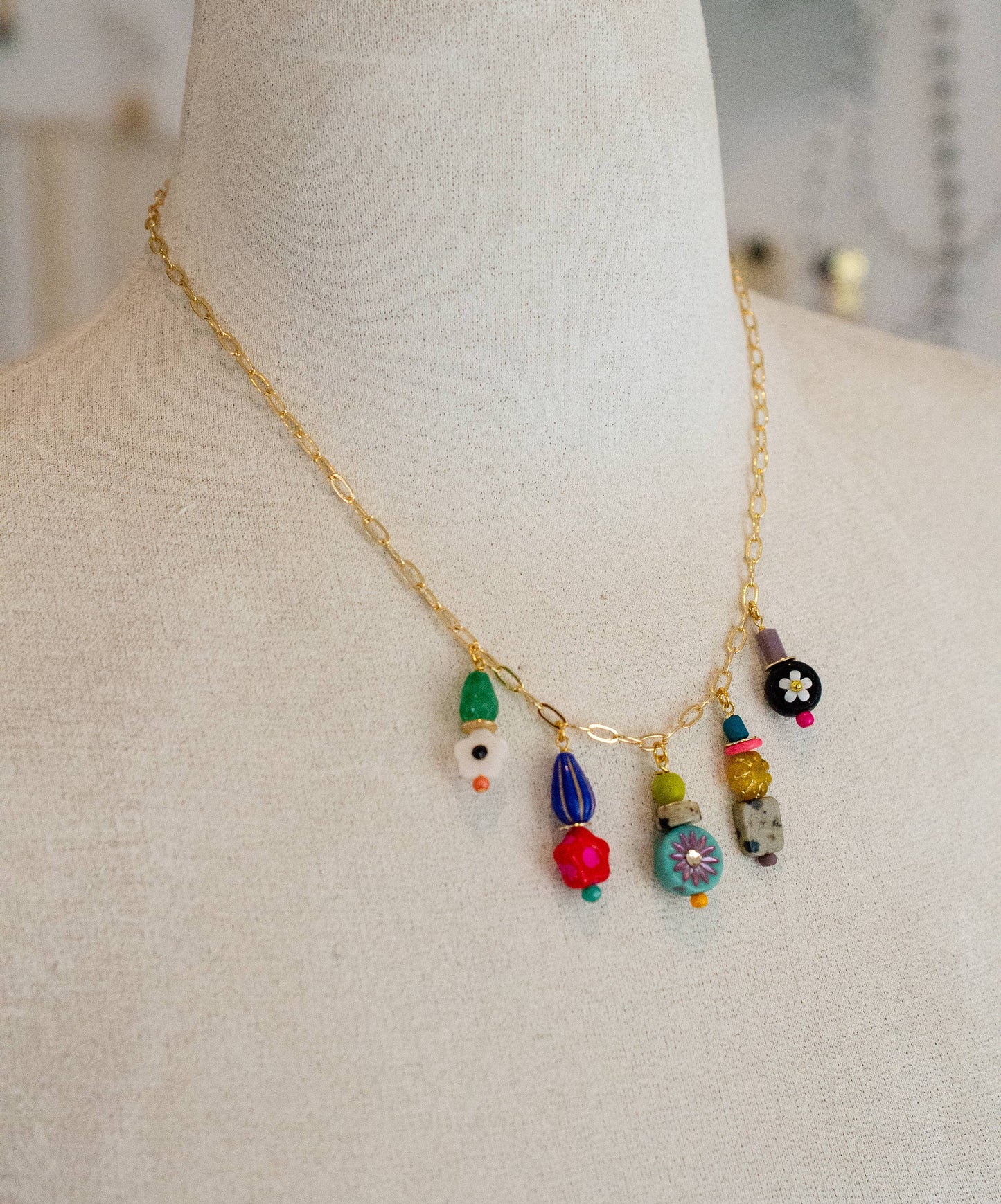 Necklace; Piper Charm (Bright Multi-Color Beads, Gold Plated Link Chain) By Jill Makes