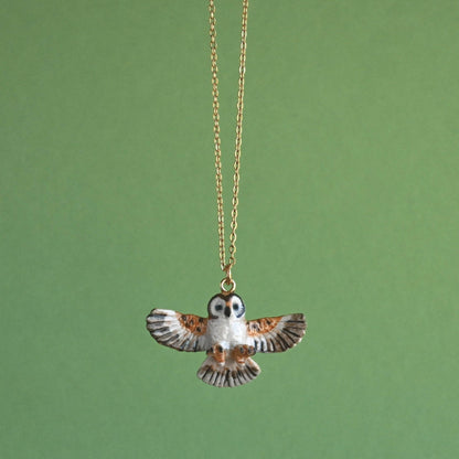 Necklace; Barn Owl By Camp Hollow (Hand-Painted Porcelain, 24K Gold Steel Chain)