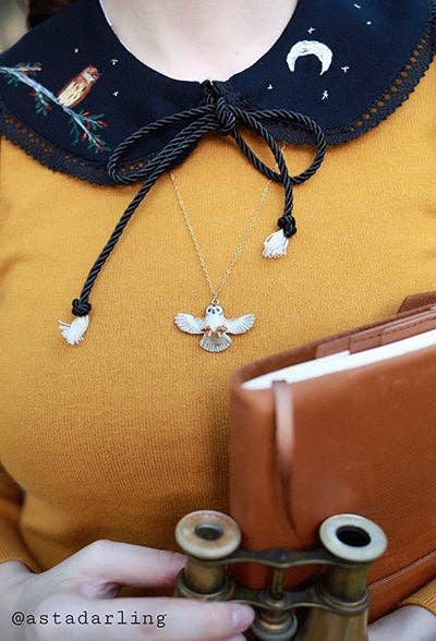 Necklace; Barn Owl By Camp Hollow (Hand-Painted Porcelain, 24K Gold Steel Chain)