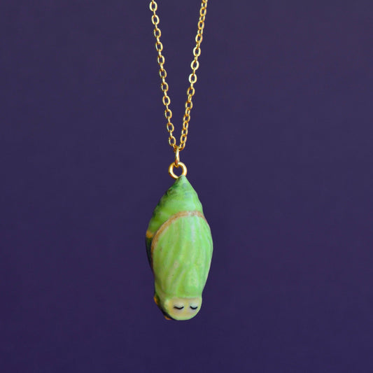 Necklace; Chrysalis By Camp Hollow (Hand-Painted Porcelain, 24K Gold Steel Chain)