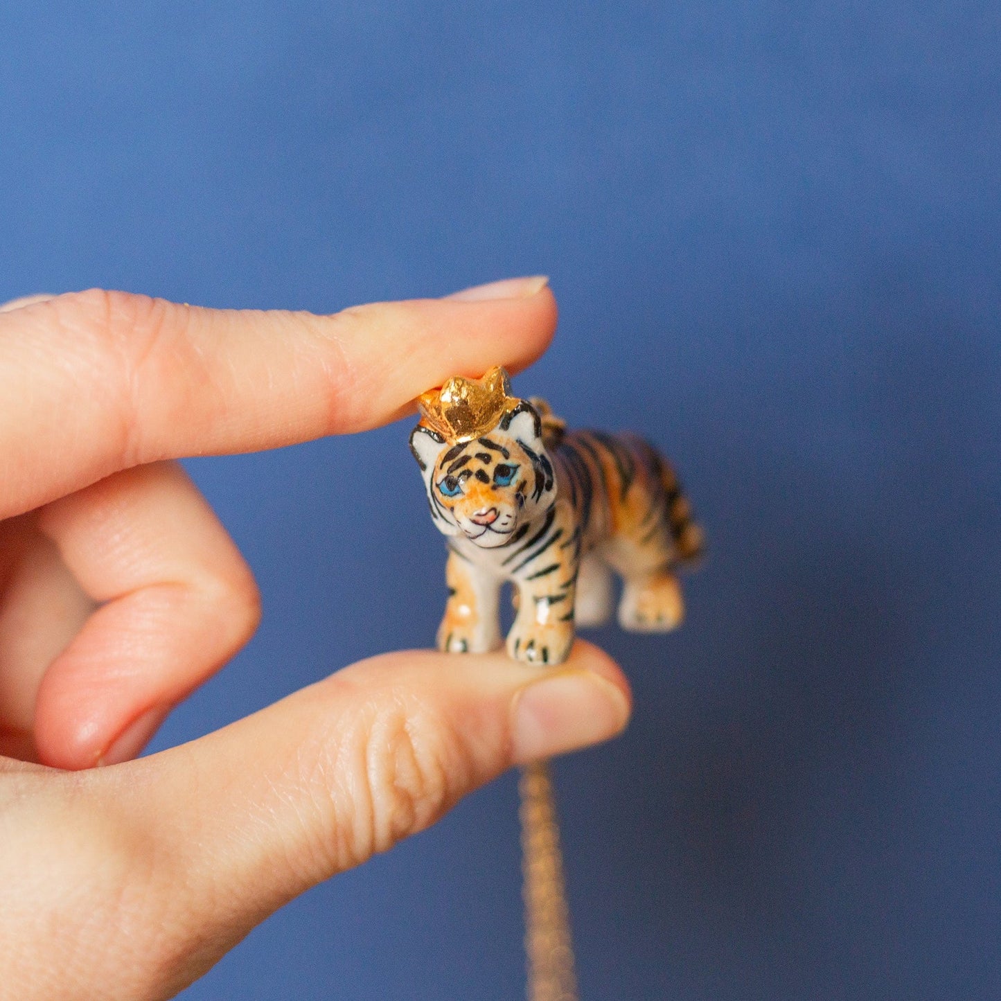 Necklace; Tiger King By Camp Hollow (Hand-Painted Porcelain, 24K Gold Steel Chain)