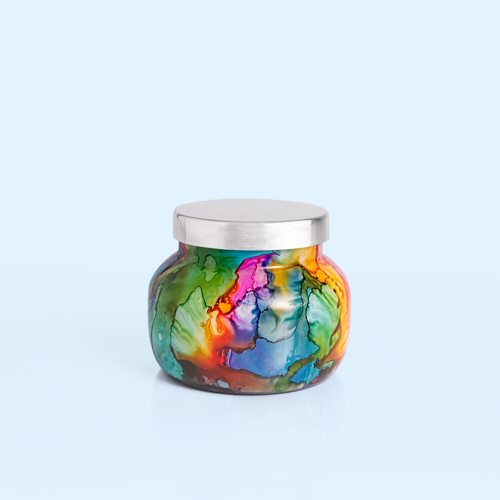 Capri Blue Candle; 8 oz (Volcano Scent, Soy Blend) Rainbow Watercolor Jar