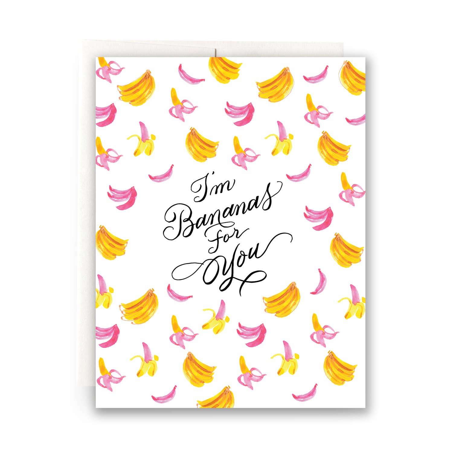 A love card for that special someone. The card has a white background with the words "I'm bananas for you," written in black cursive. The page has fun watercolors of pink and yellow bananas. 