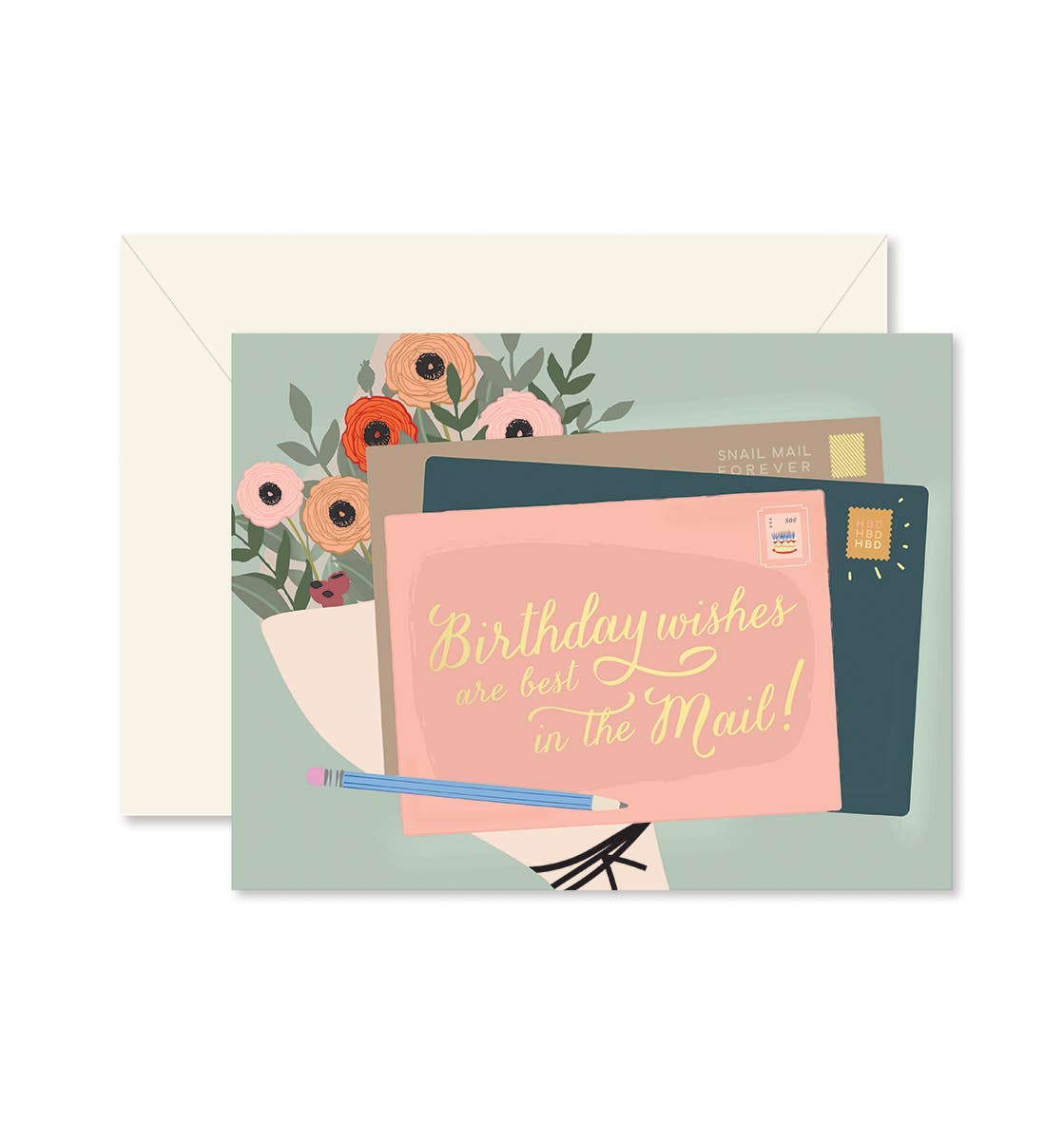 A birthday card with a soft teal background. There is a bouquet of flowers with several pieces of mail in front. The top piece of mail is a soft blush color with gold foil words reading, "Birthday wishes are best in the mail."