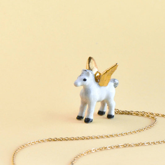 Necklace; Gold Pegasus By Camp Hollow (24k Gold Steel Chain, Hand-Painted Porcelain)
