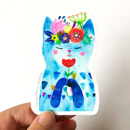 Vinyl Sticker; Blue Flower Kitty